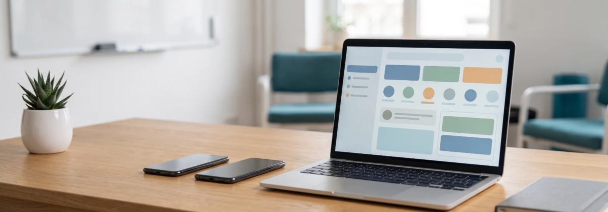 Product team desk with two smartphones and a laptop showing abstract interface blocks