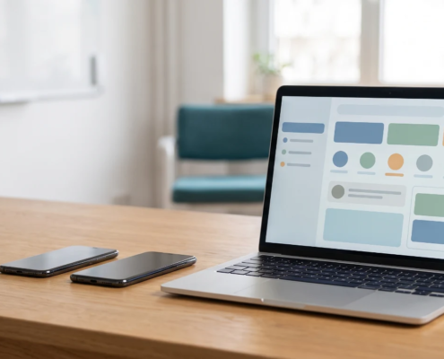 Product team desk with two smartphones and a laptop showing abstract interface blocks