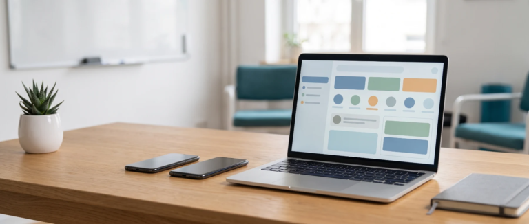 Product team desk with two smartphones and a laptop showing abstract interface blocks