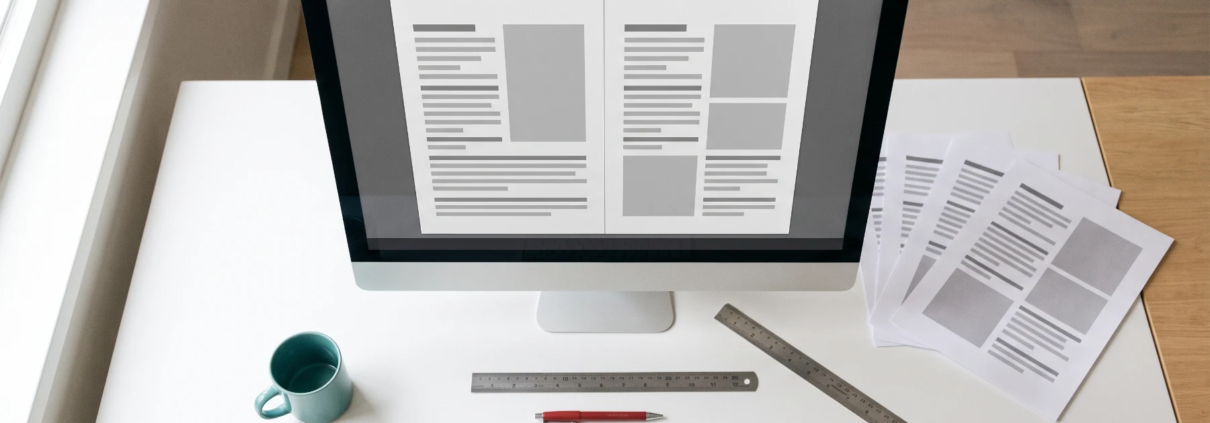 Designer's desk with a monitor showing a right-aligned two-page layout, printed proofs, a ruler and a red proofing pen