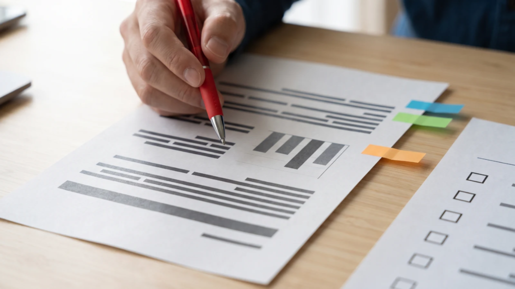 A printed proof page being checked with a red pen next to a checklist