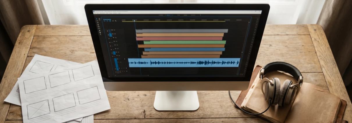 Course localization desk with a monitor showing caption bars and an audio waveform, storyboard sheets and headphones