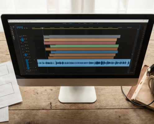 Course localization desk with a monitor showing caption bars and an audio waveform, storyboard sheets and headphones