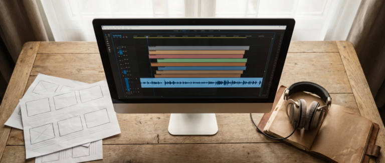 Course localization desk with a monitor showing caption bars and an audio waveform, storyboard sheets and headphones