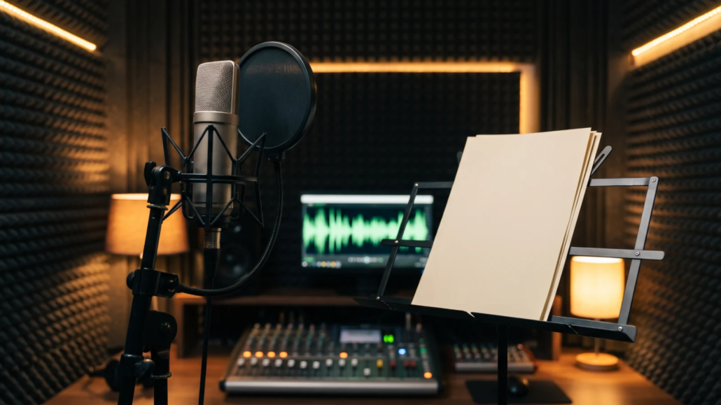 Voice-over recording booth with a condenser microphone, pop filter and script stand
