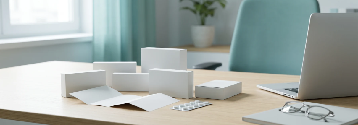 Blank medicine cartons, blister pack and patient leaflet laid out on a desk for labeling review