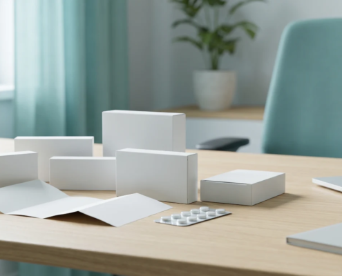 Blank medicine cartons, blister pack and patient leaflet laid out on a desk for labeling review