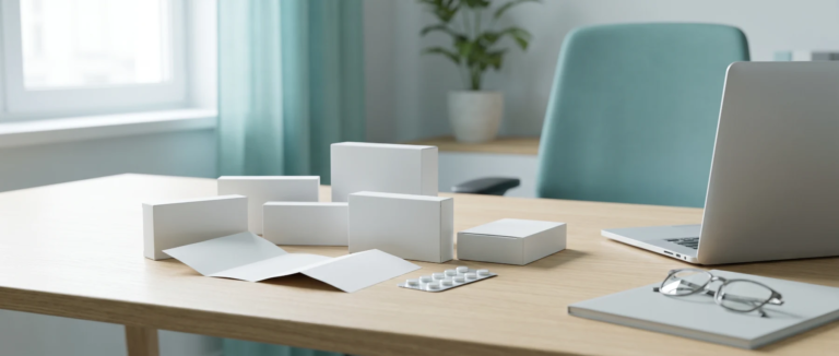 Blank medicine cartons, blister pack and patient leaflet laid out on a desk for labeling review