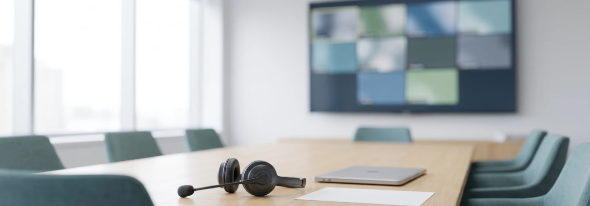 Meeting room with a video-call wall display and a headset with a boom microphone on the desk