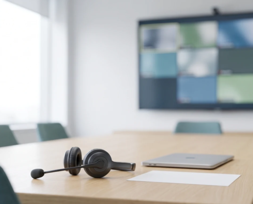 Meeting room with a video-call wall display and a headset with a boom microphone on the desk