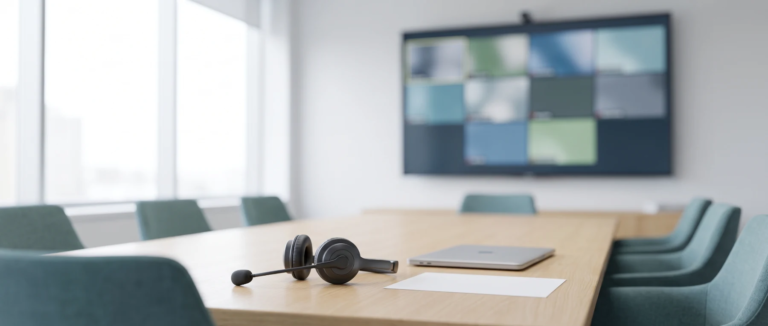 Meeting room with a video-call wall display and a headset with a boom microphone on the desk
