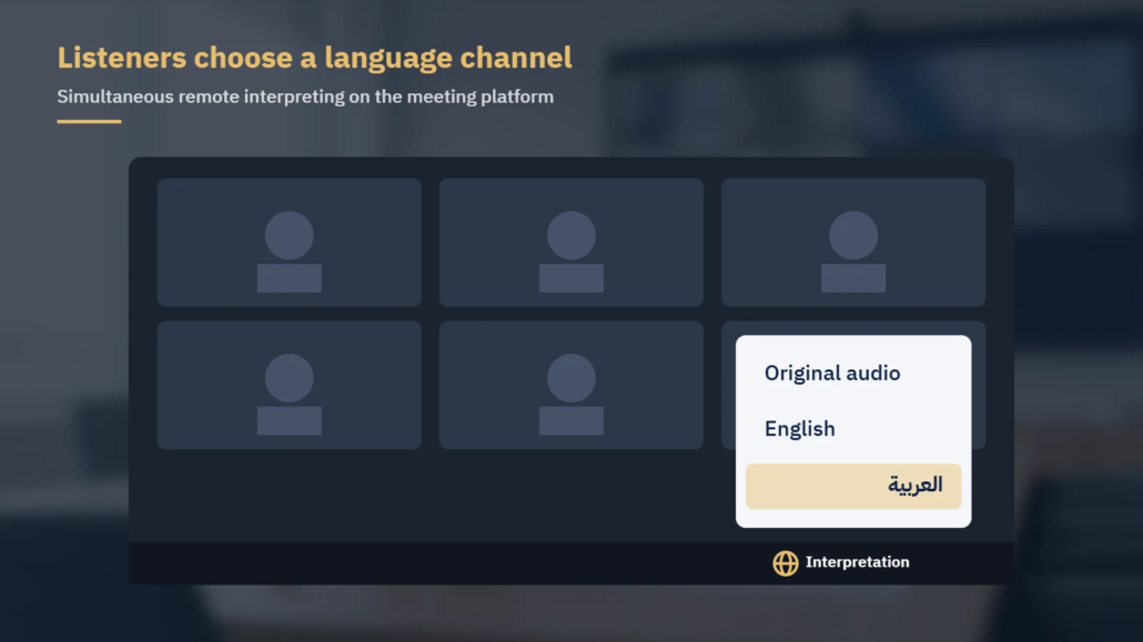 Video meeting with the interpretation menu open, offering Original audio, English and Arabic channels