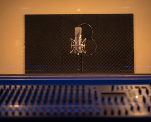 Recording booth with a condenser microphone used for Arabic voice-over and dubbing