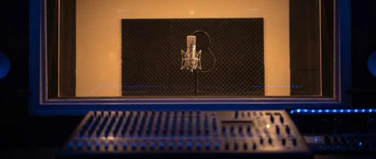 Recording booth with a condenser microphone used for Arabic voice-over and dubbing