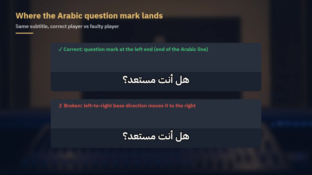 Arabic subtitle with the question mark at the correct left end compared with a faulty player that moves it to the right
