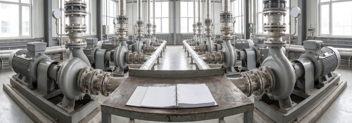 Industrial pump room with pipework, flanges and an open technical manual on a workbench