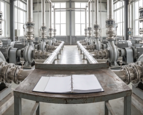 Industrial pump room with pipework, flanges and an open technical manual on a workbench