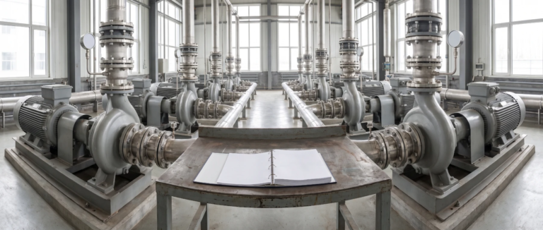 Industrial pump room with pipework, flanges and an open technical manual on a workbench
