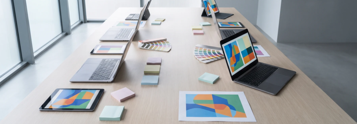 Marketing workspace with abstract campaign mockups and a mirrored right-to-left ad layout