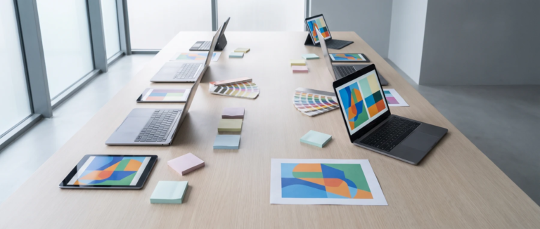 Marketing workspace with abstract campaign mockups and a mirrored right-to-left ad layout