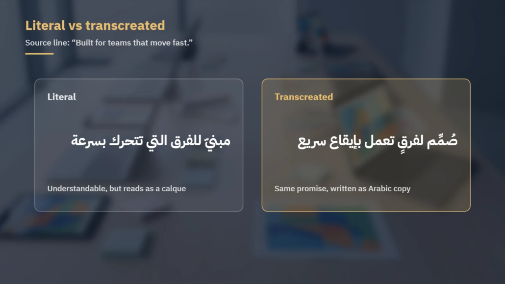 A literal Arabic rendering of a tagline compared with a transcreated Arabic version