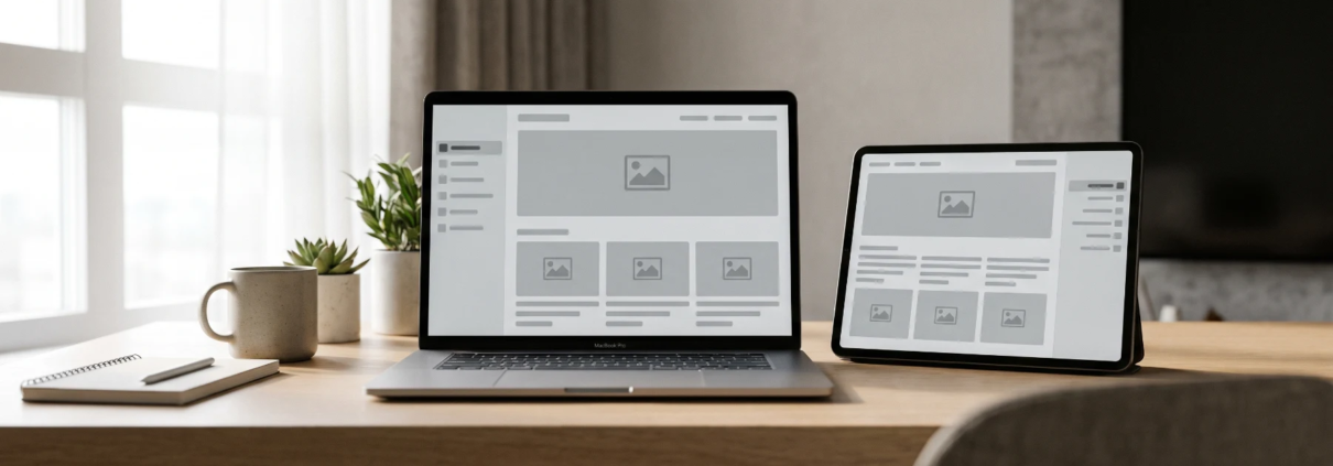 Laptop and tablet showing the same website wireframe in left-to-right and mirrored right-to-left layouts