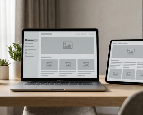 Laptop and tablet showing the same website wireframe in left-to-right and mirrored right-to-left layouts