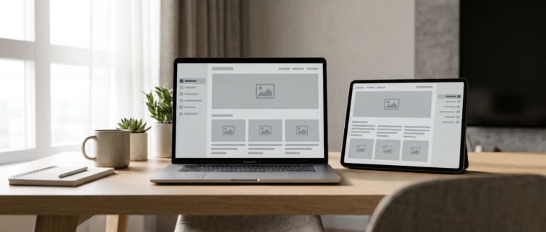 Laptop and tablet showing the same website wireframe in left-to-right and mirrored right-to-left layouts