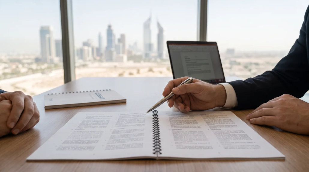 Legal team reviewing a two-column bilingual agreement