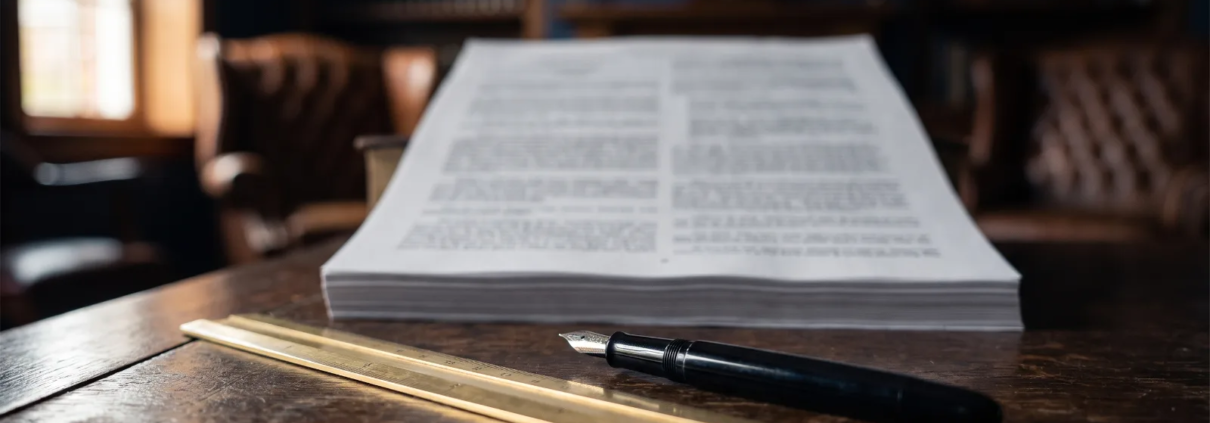 Bilingual contract with a ruler and fountain pen on a desk