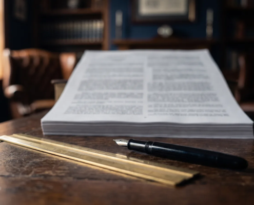 Bilingual contract with a ruler and fountain pen on a desk