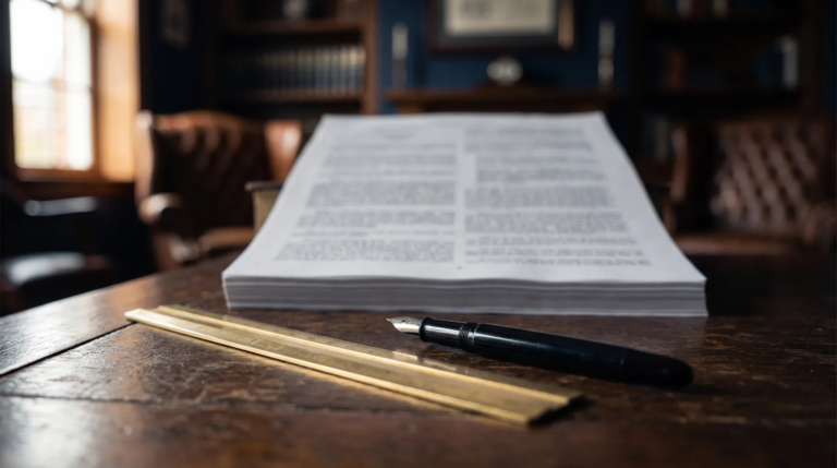 Bilingual contract with a ruler and fountain pen on a desk