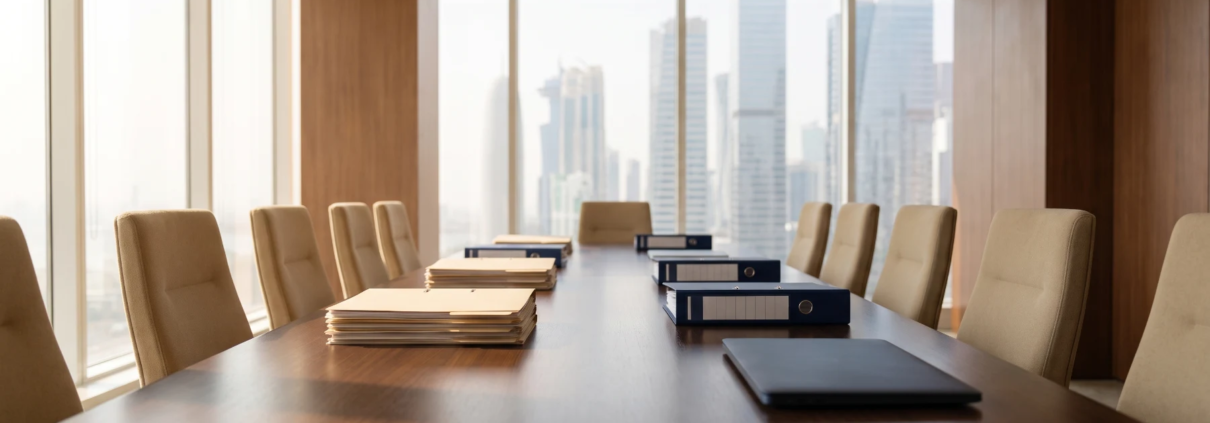 Conference table with stacks of company documents and binders, city skyline in the background