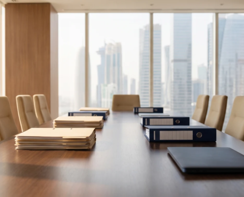 Conference table with stacks of company documents and binders, city skyline in the background