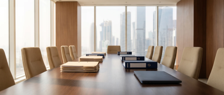 Conference table with stacks of company documents and binders, city skyline in the background