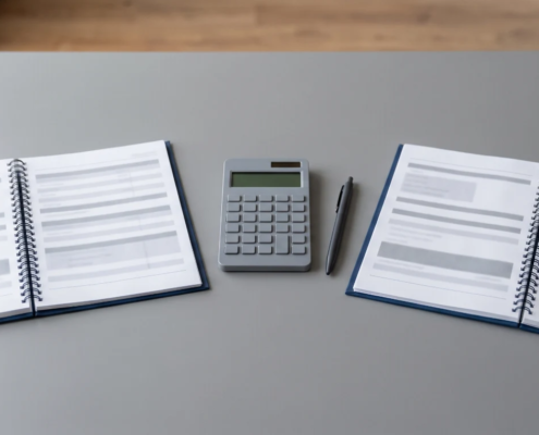 Two open financial report booklets side by side on a desk, representing English and Arabic versions