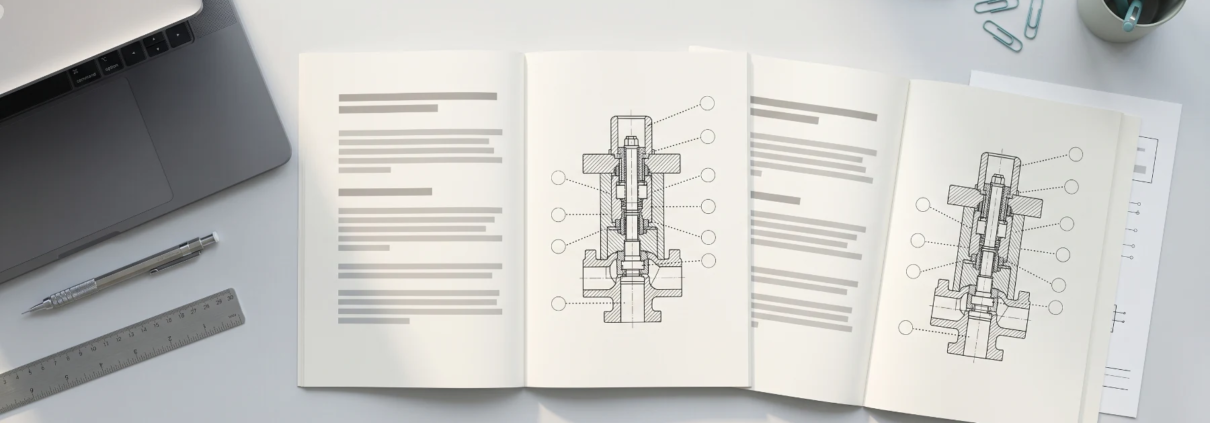 Patent specification pages and technical drawings laid out on a desk for Arabic translation
