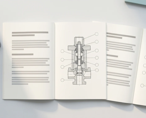 Patent specification pages and technical drawings laid out on a desk for Arabic translation