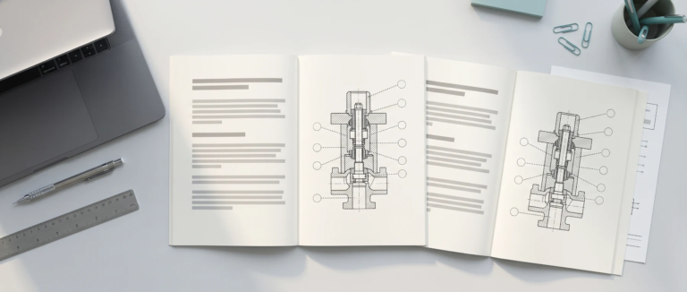 Patent specification pages and technical drawings laid out on a desk for Arabic translation